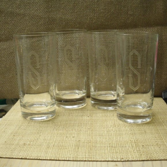 Vintage S initial Etched Glass Set of 4